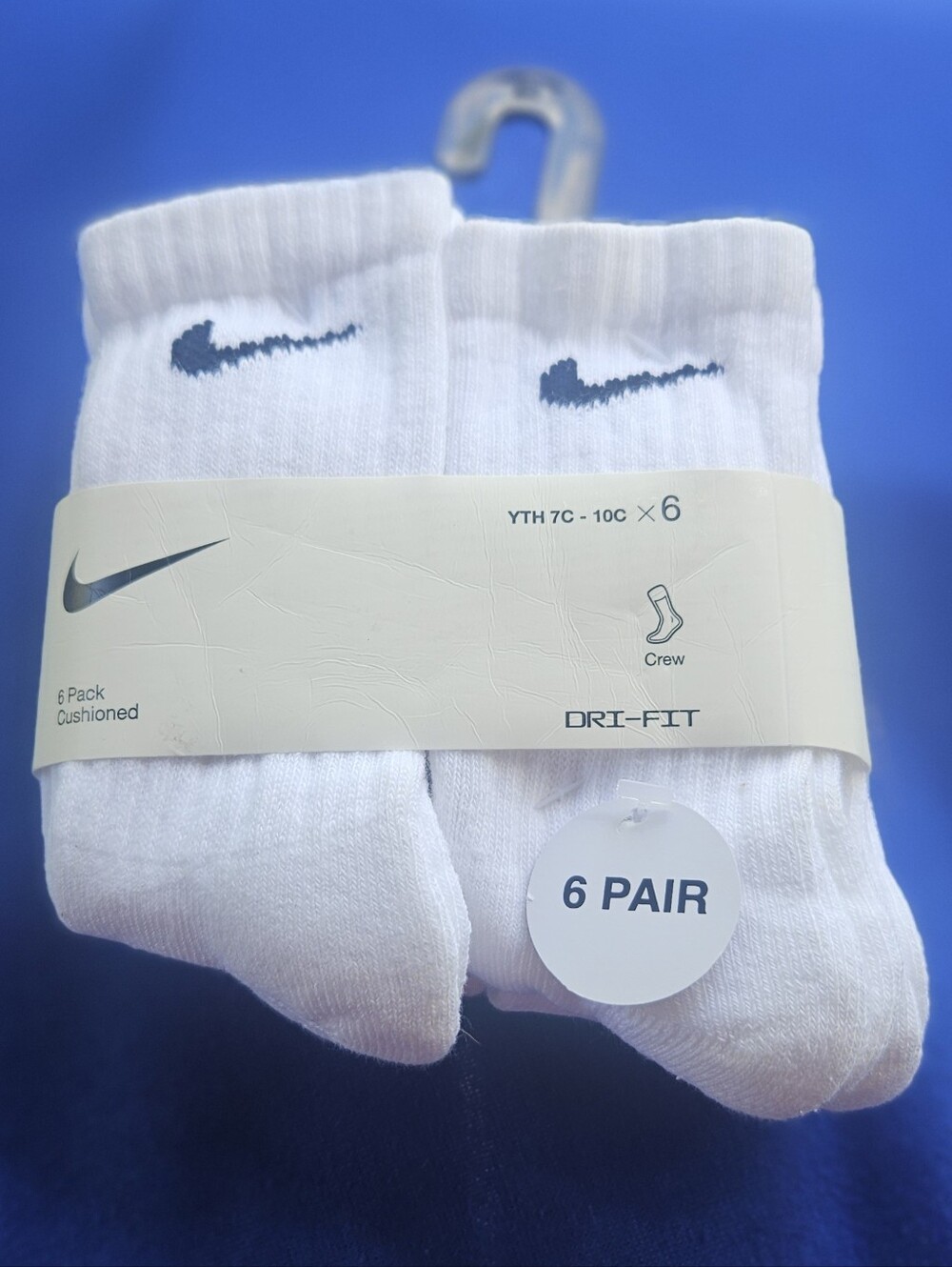 Nike White Crew Athletic Socks with Black Swoosh - 6 Pair - Youth xxs